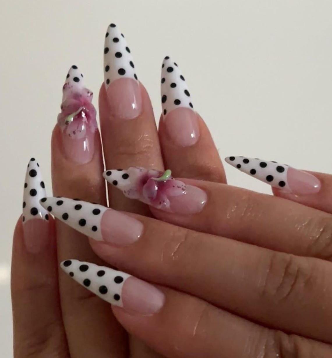Pink Floral Polka Dot French Tip Press On Nails