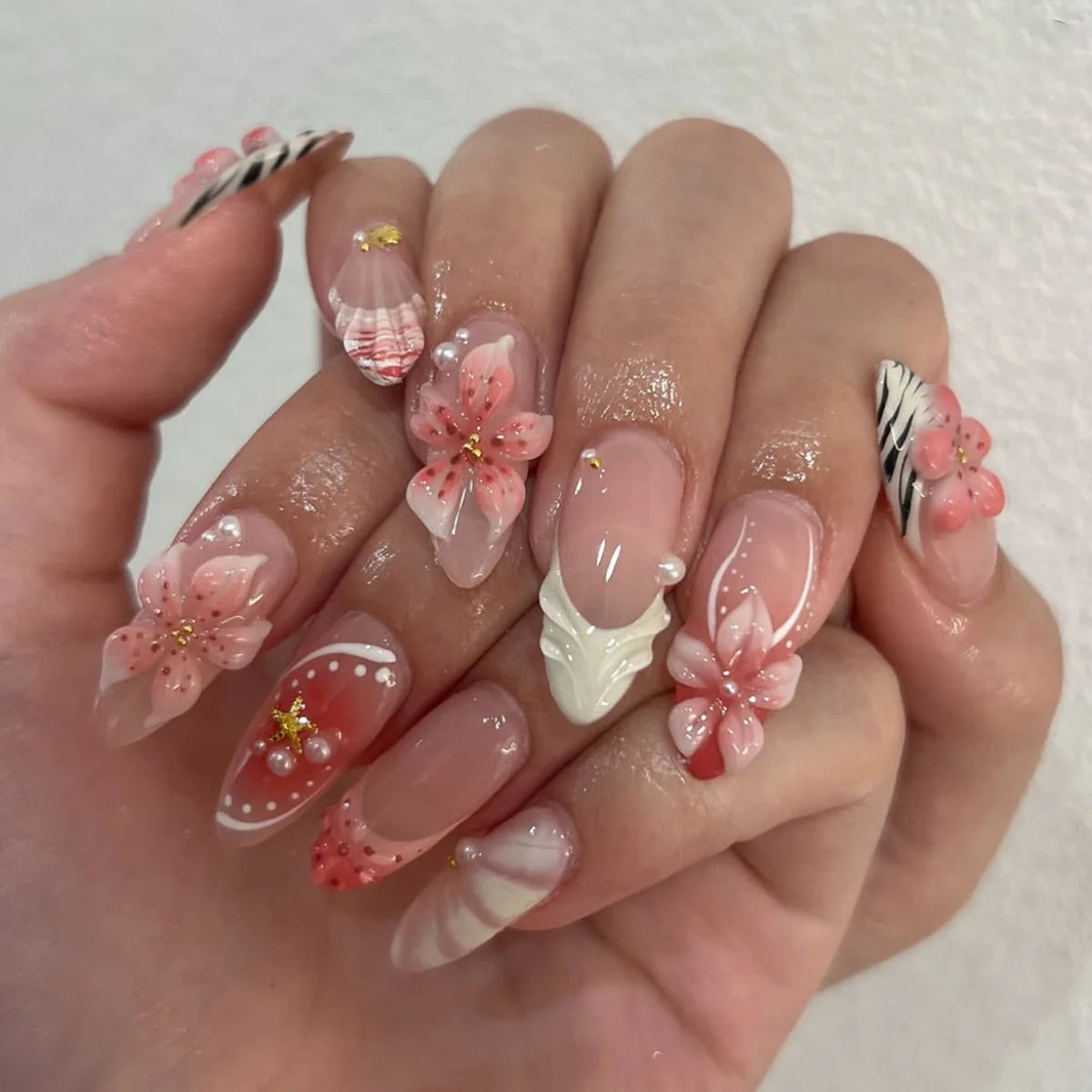 Pink Floral Press On Nails with Pearls, Gold Accents and Zebra Tips