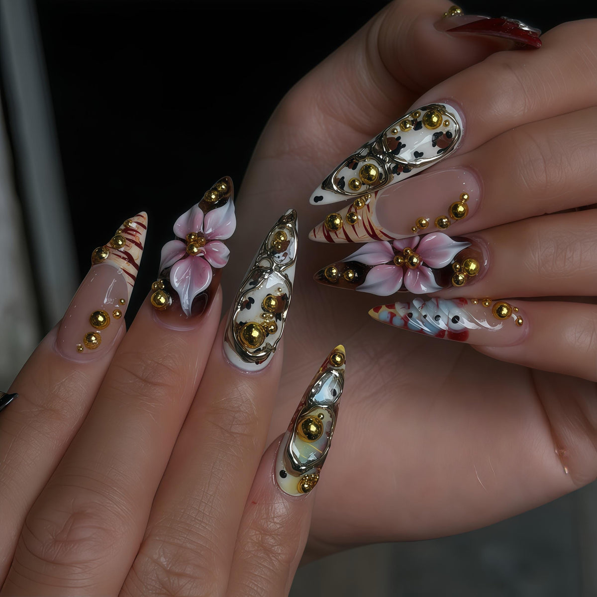 Pink Flower and Marble Press-On Nails with Gold Beads and Metallic Rings