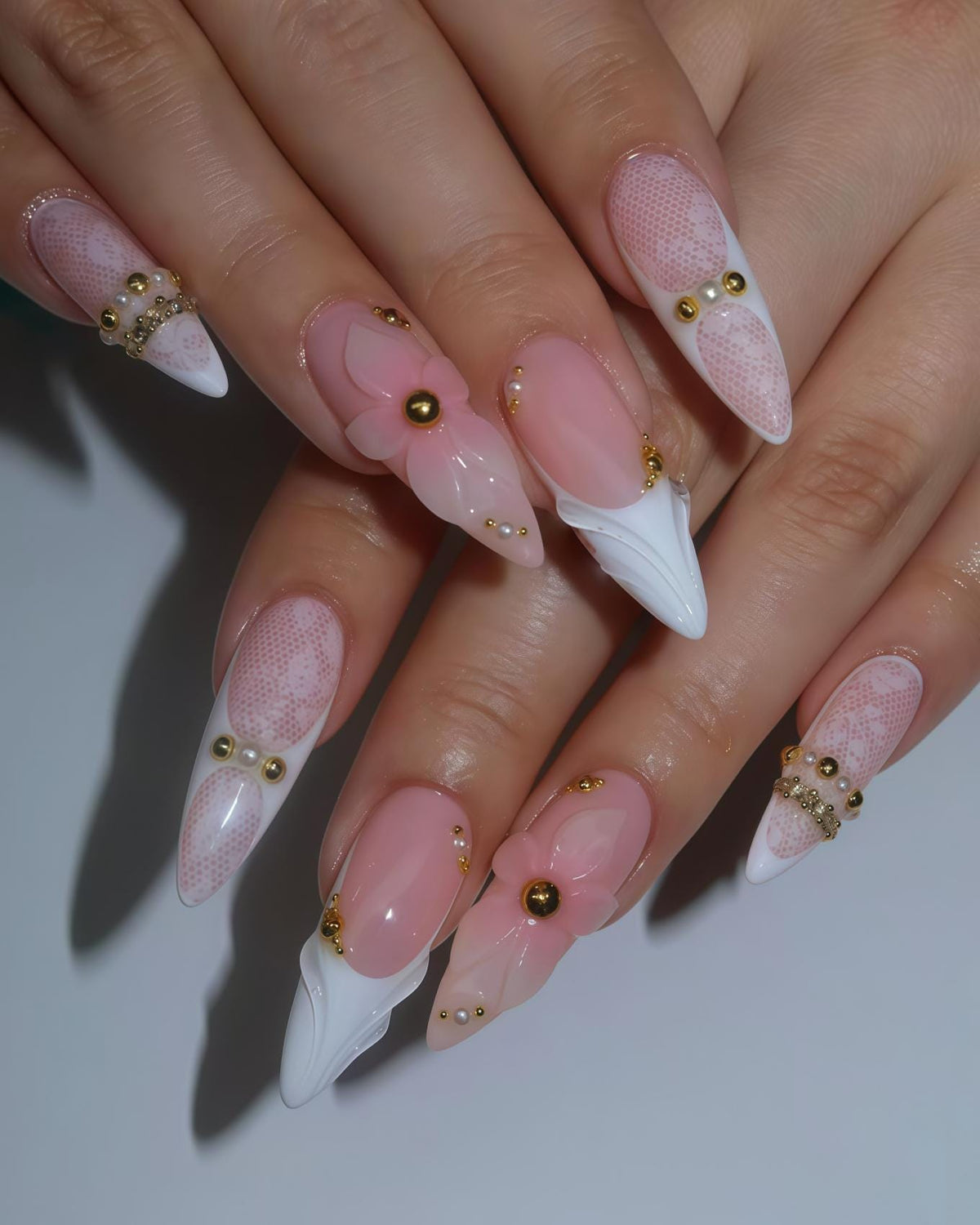 Pink Flower French Tip Nail Set with Gold Beads and Sheer Details