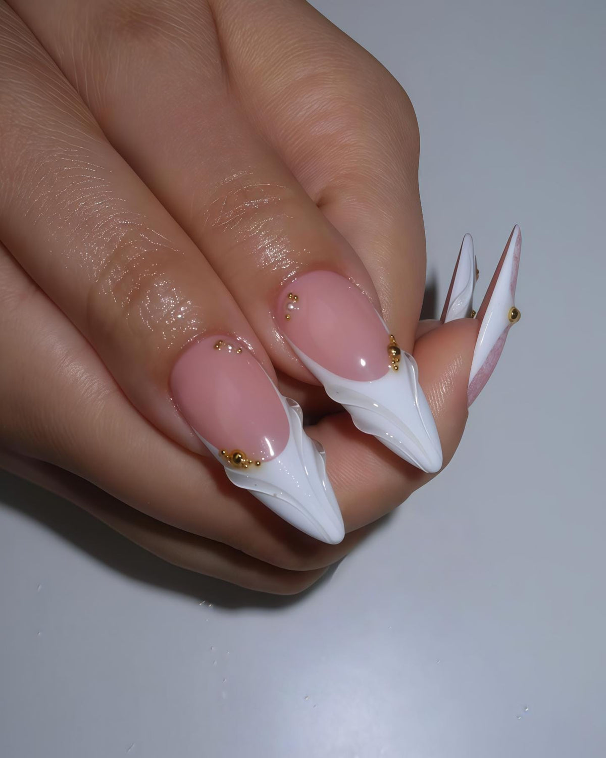 Pink Flower French Tip Nail Set with Gold Beads and Sheer Details