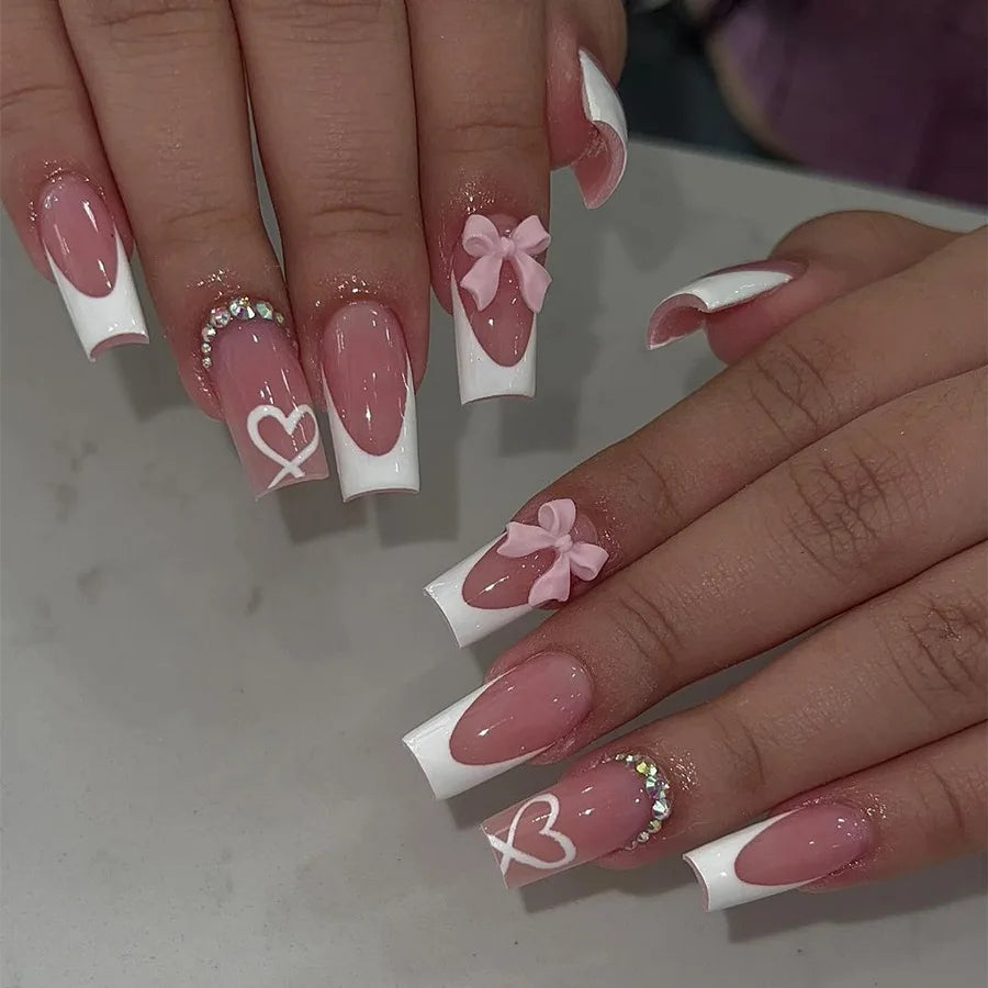 Pink French Tip Nails with 3D Bows, Heart Lines and Rhinestones