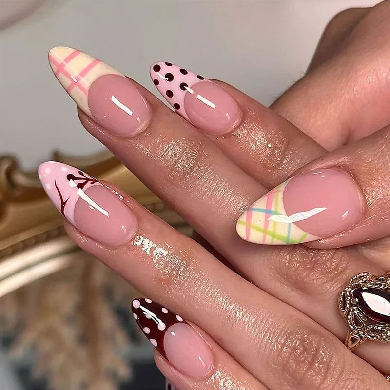 Pink French Tip Press On Nails With Plaid, Polka Dots and Burgundy Details