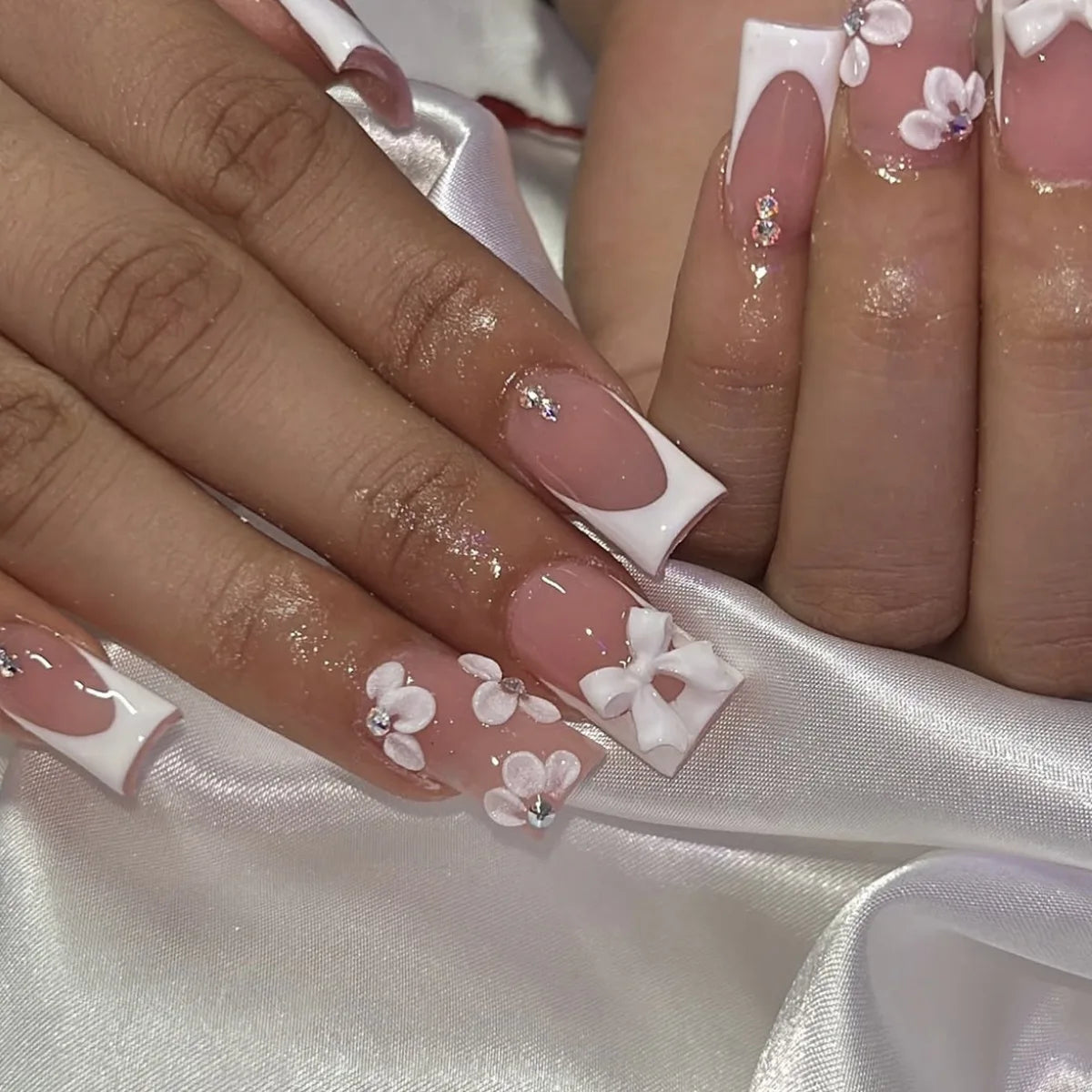 Pink French Tip Press On Nails with Raised Flowers, White Bows and Rhinestones