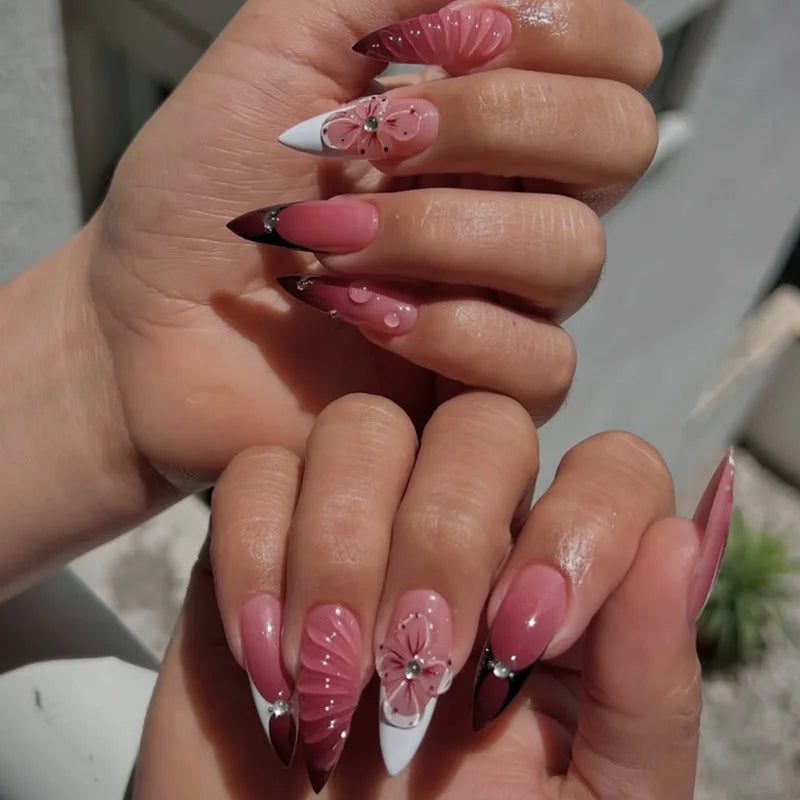 Pink French Tip Press On Nails With Shells, Flowers, Pearls and Rhinestones