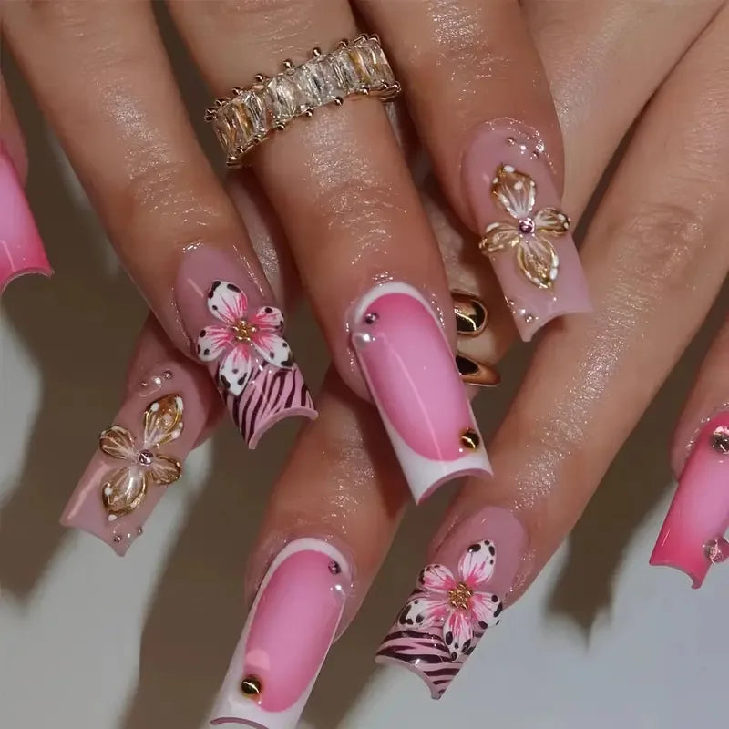 Pink French Tip Press-On Nails With Zebra Accents, Butterfly Charms, and Flowers