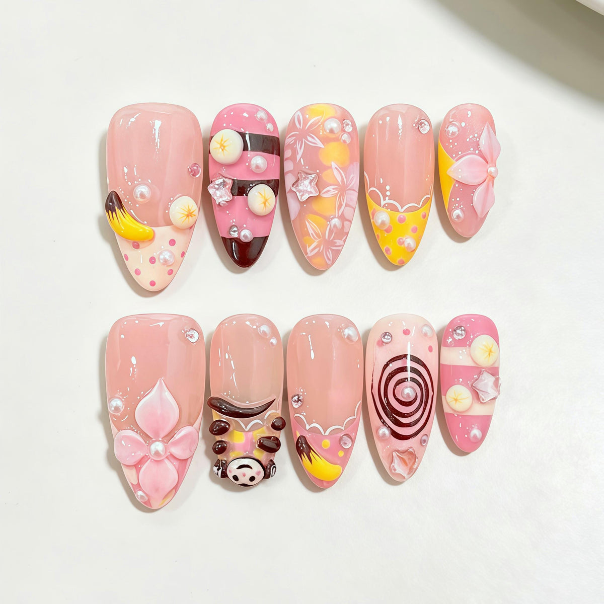Pink Fruit and Flower 3D Press On Nails with Pearls and Rhinestones