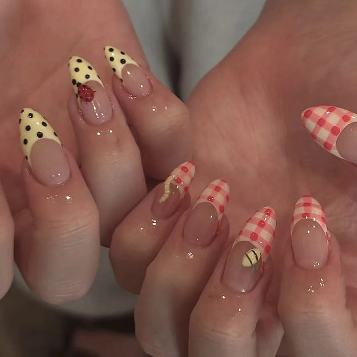 Pink Gingham and Polka Dot French Tip Press On Nails with Ladybug and Bee Details