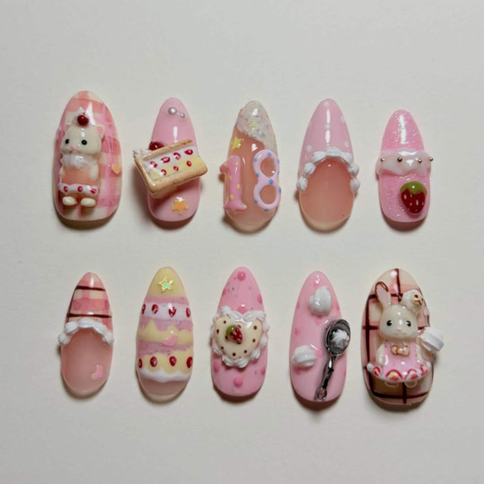 Pink Gingham Strawberry Birthday Cake Press On Nails with 3D Animal and Dessert Details