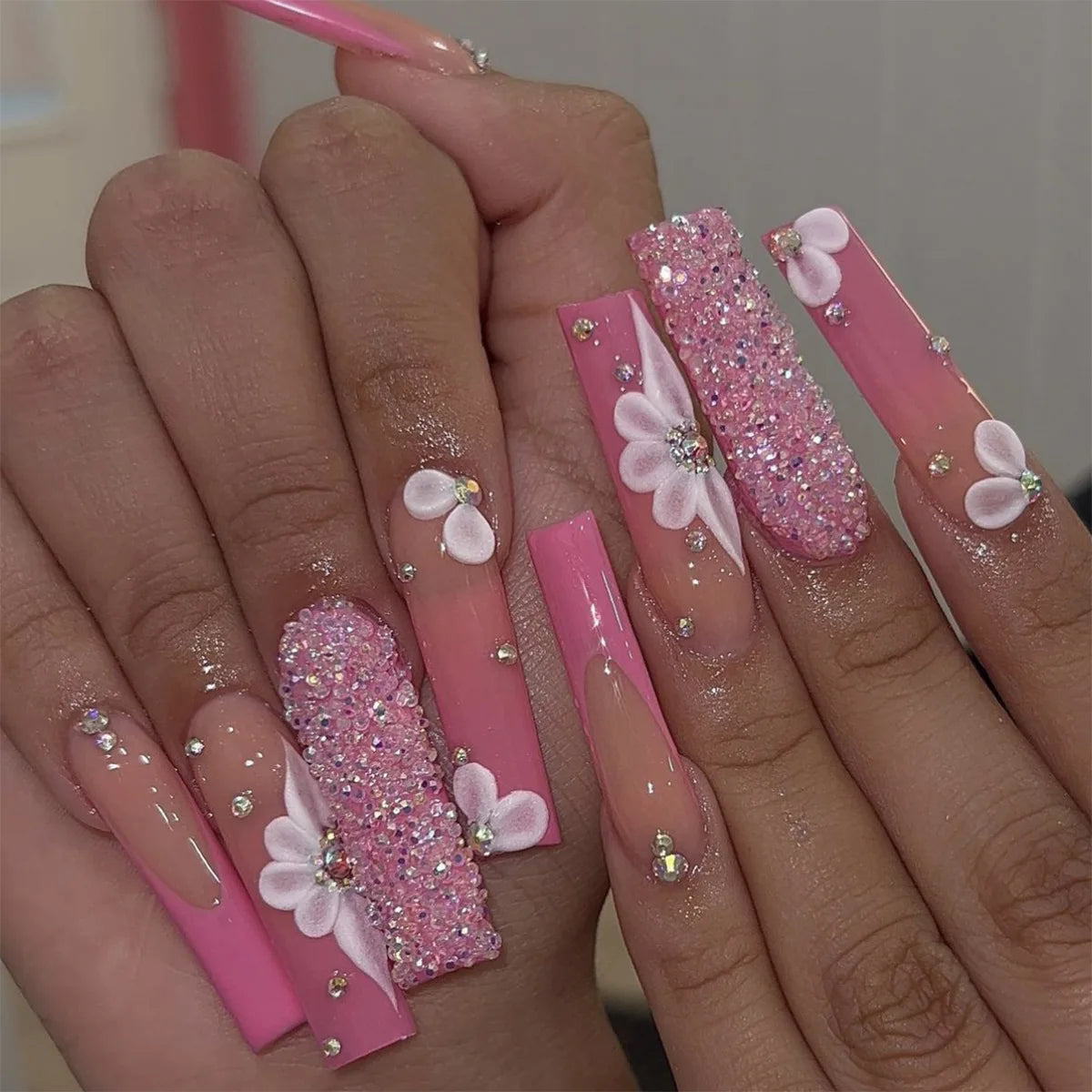 Pink Glitter and White Flower Press On Nails with Rhinestones