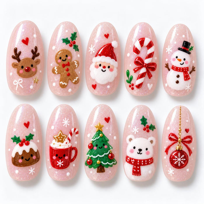 Pink Glitter Christmas Press On Nails With Santa, Reindeer, Candy Cane & Holiday Characters