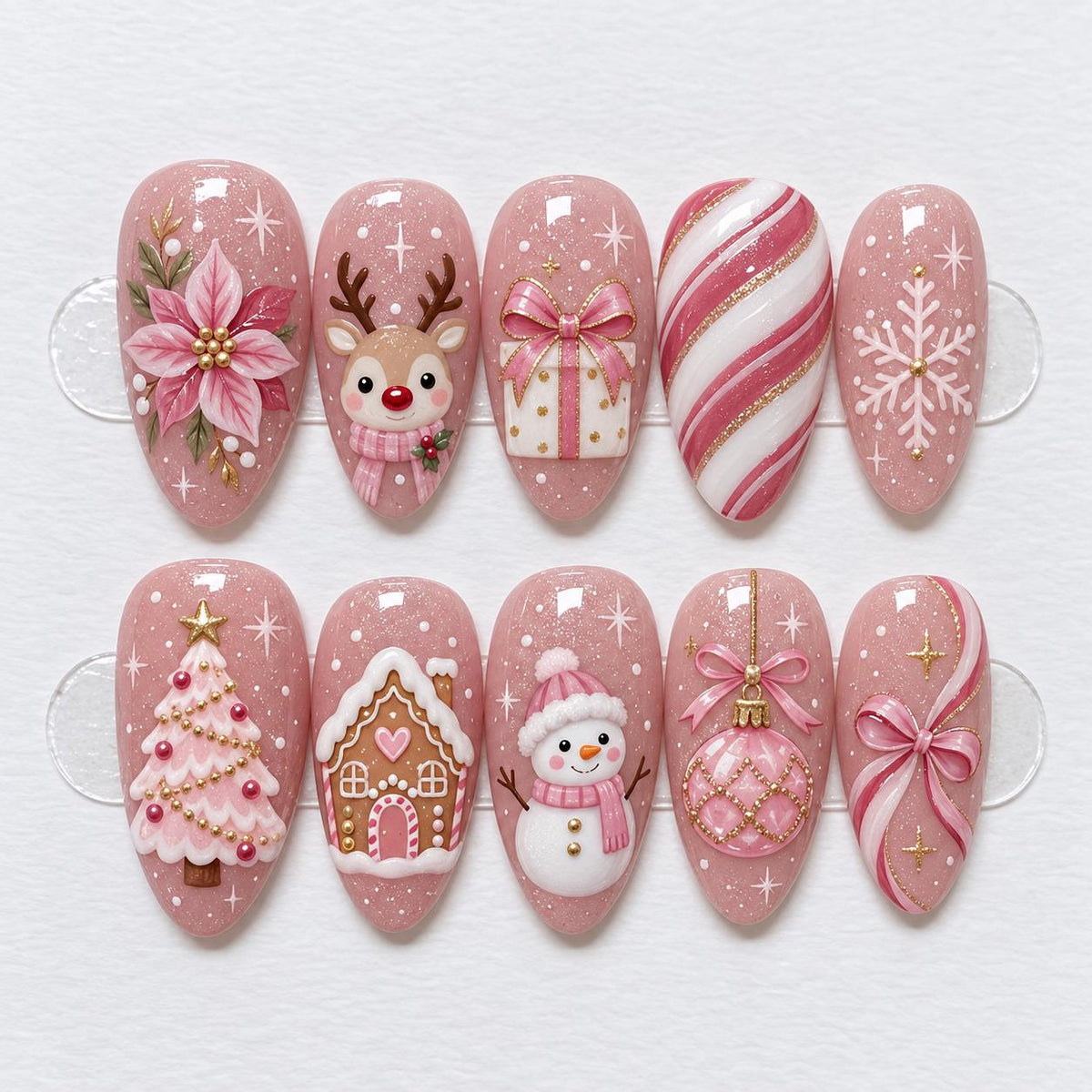 Pink Glitter Christmas Press On Nails with Snowflakes, Holiday Characters and 3D Accents