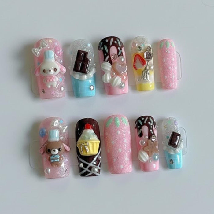 Pink Glitter Dessert Press On Nails With 3D Bears, Cupcakes, and Chocolate