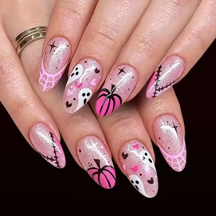 Pink Glitter Halloween Press On Nails With Ghosts, Pumpkins, Stitches, and Webs