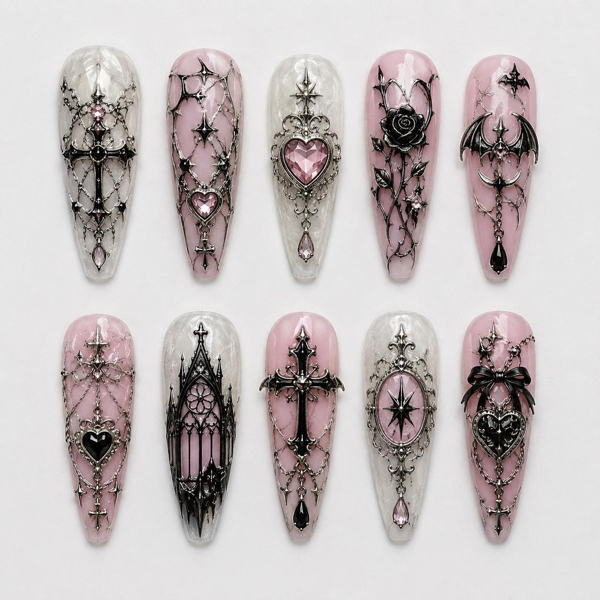 Pink Gothic Coquette Nails With Crosses, Hearts, Chains, and Rose Details