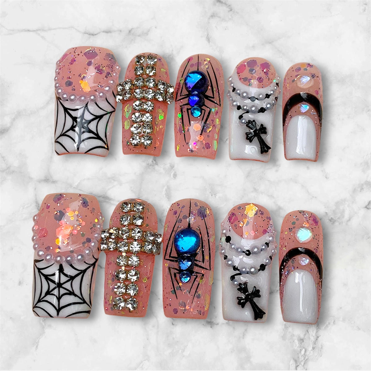 Pink Gothic Spiderweb Halloween Press On Nails with Rhinestone Cross and Blue Spider