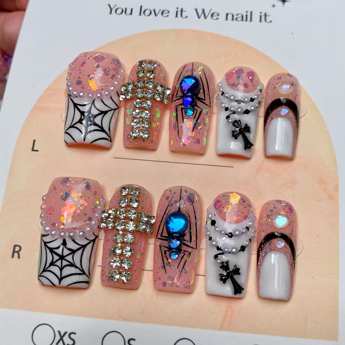 Pink Gothic Spiderweb Halloween Press On Nails with Rhinestone Cross and Blue Spider
