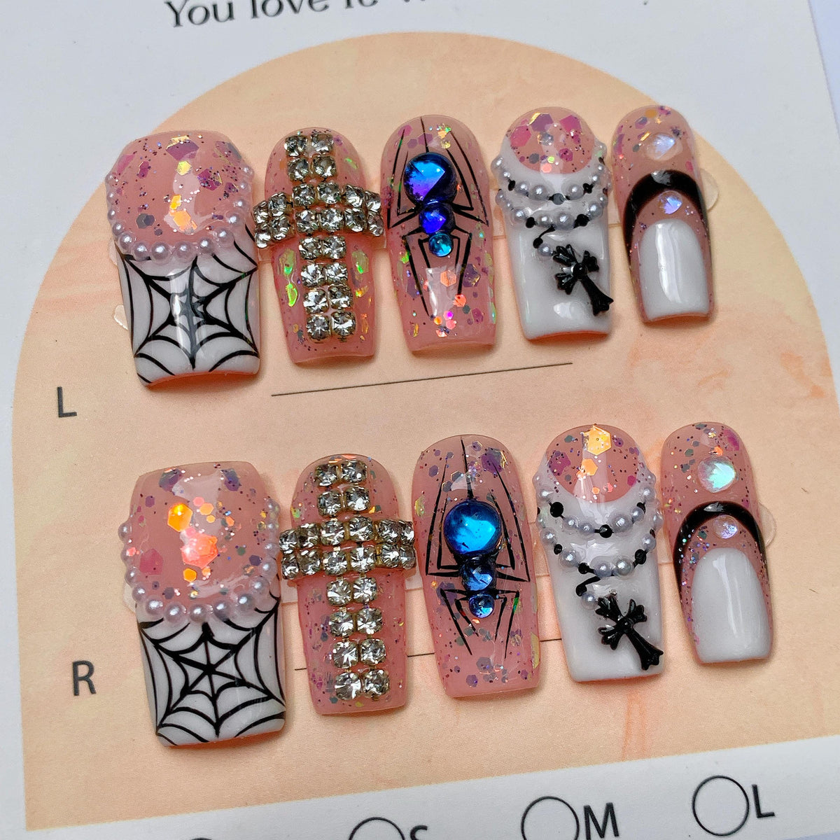 Pink Gothic Spiderweb Halloween Press On Nails with Rhinestone Cross and Blue Spider