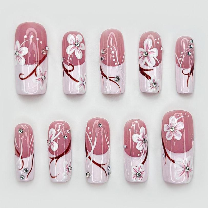 Pink Gradient Floral Spring Press On Nails With Jeweled Flowers and Rhinestones
