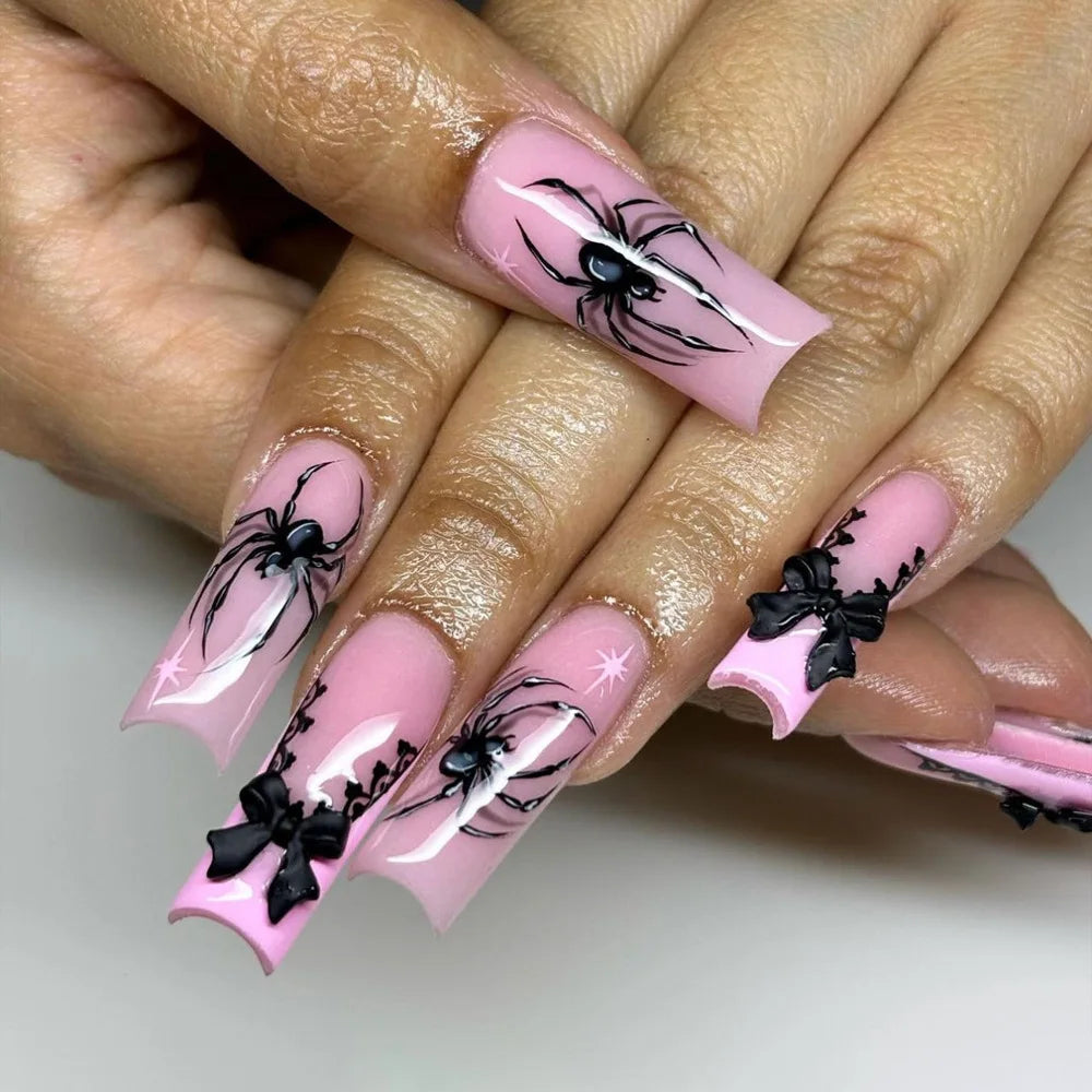 Pink Halloween French Tip Nails with Black Spiders, Webs and Bow Accents