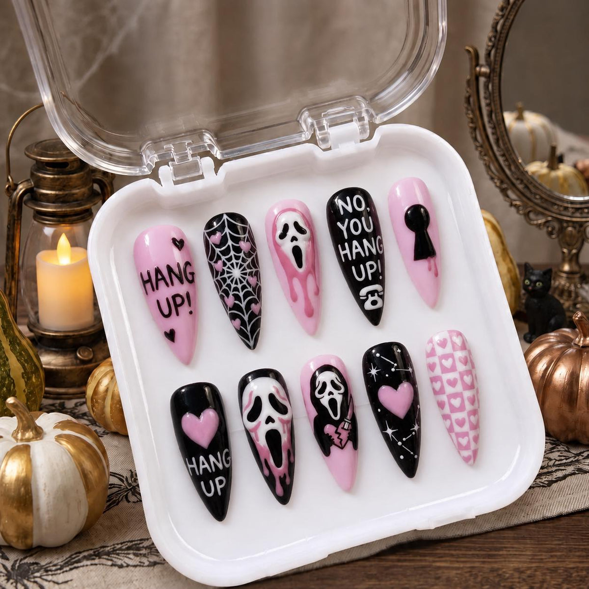 Pink Halloween Ghost, Heart, and Spiderweb Nail Set