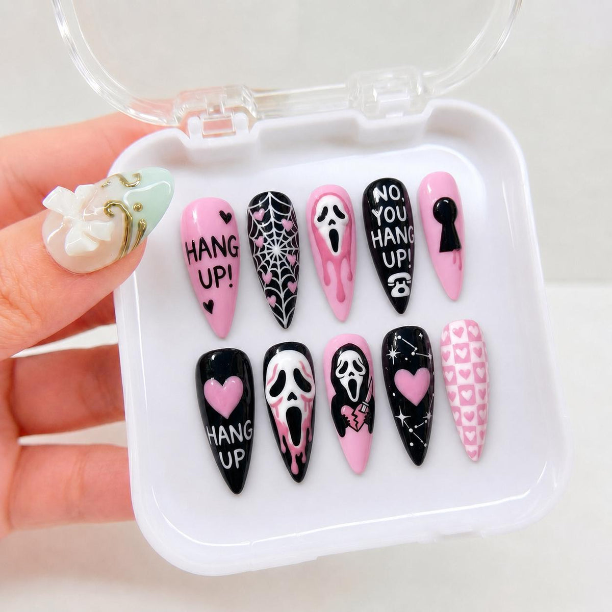 Pink Halloween Ghost, Heart, and Spiderweb Nail Set