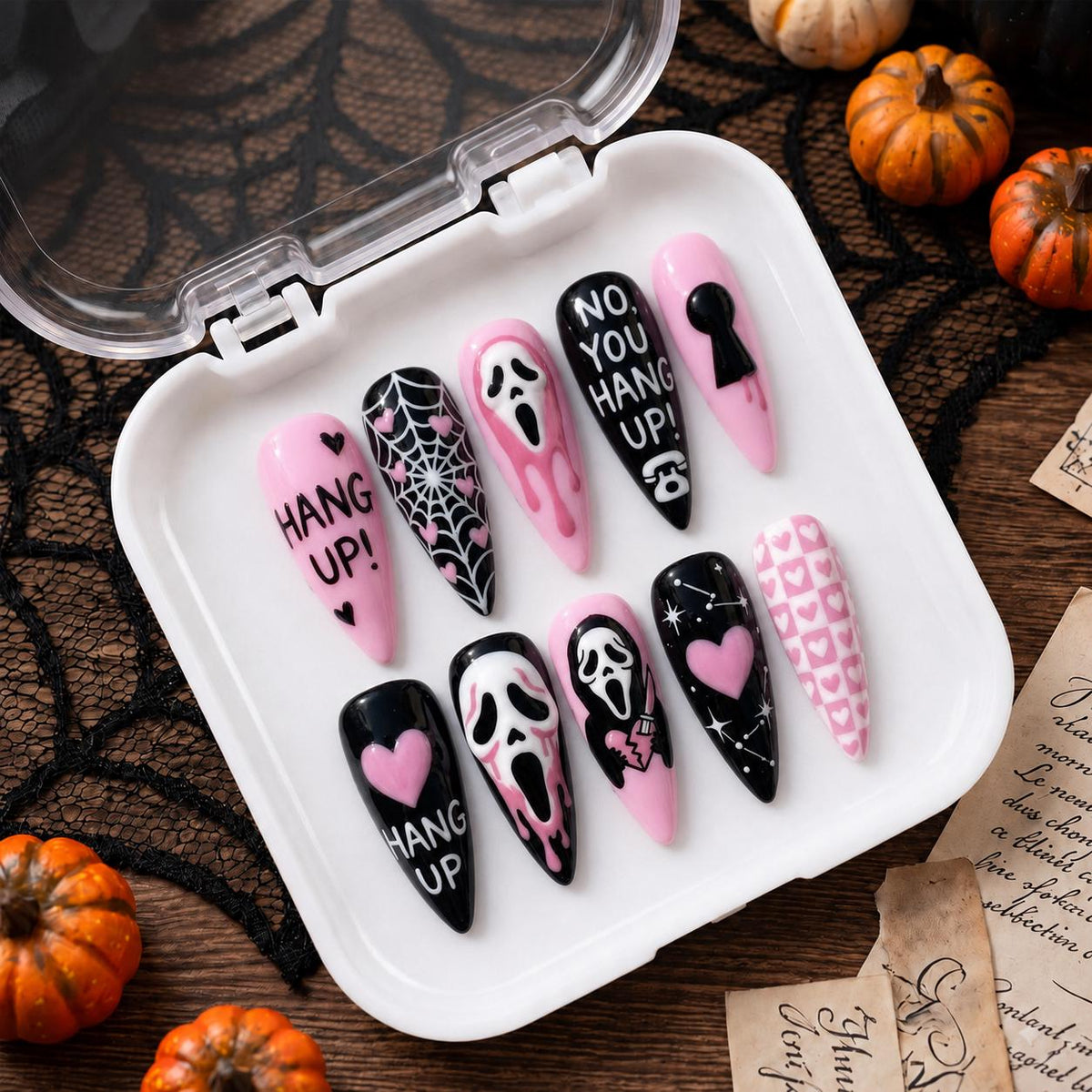 Pink Halloween Ghost, Heart, and Spiderweb Nail Set