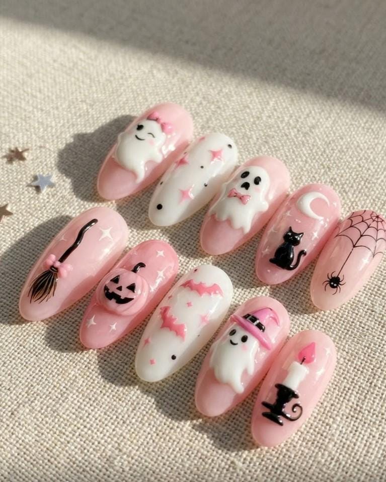 Pink Halloween Press On Nails With Ghosts, Bats, Cats and Spider Webs
