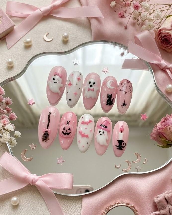 Pink Halloween Press On Nails With Ghosts, Bats, Cats and Spider Webs
