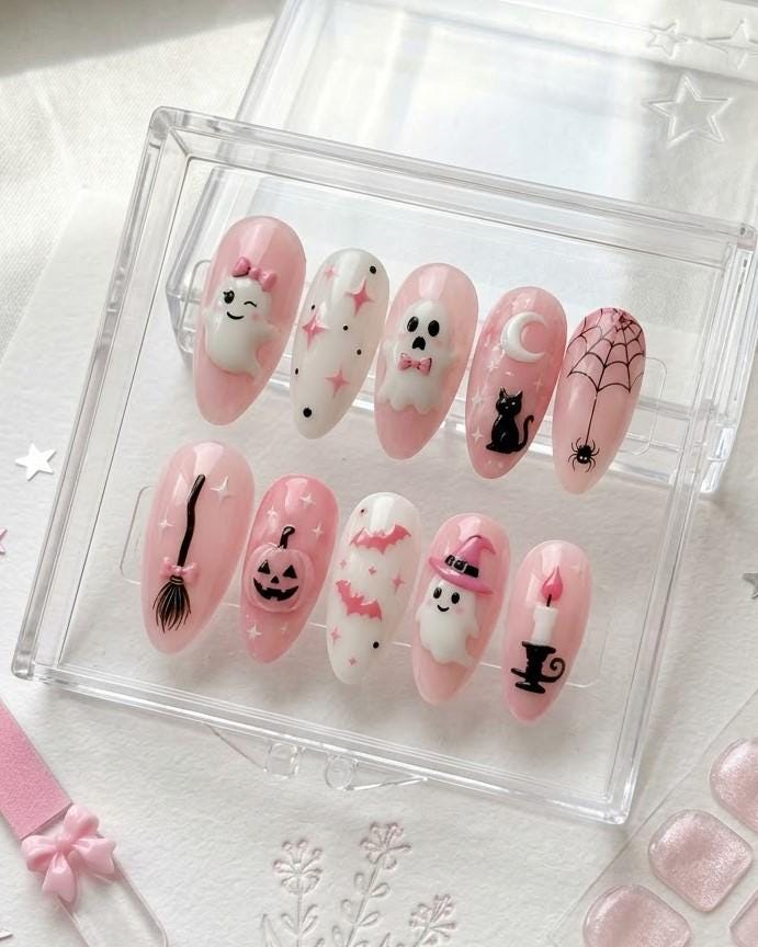 Pink Halloween Press On Nails With Ghosts, Bats, Cats and Spider Webs