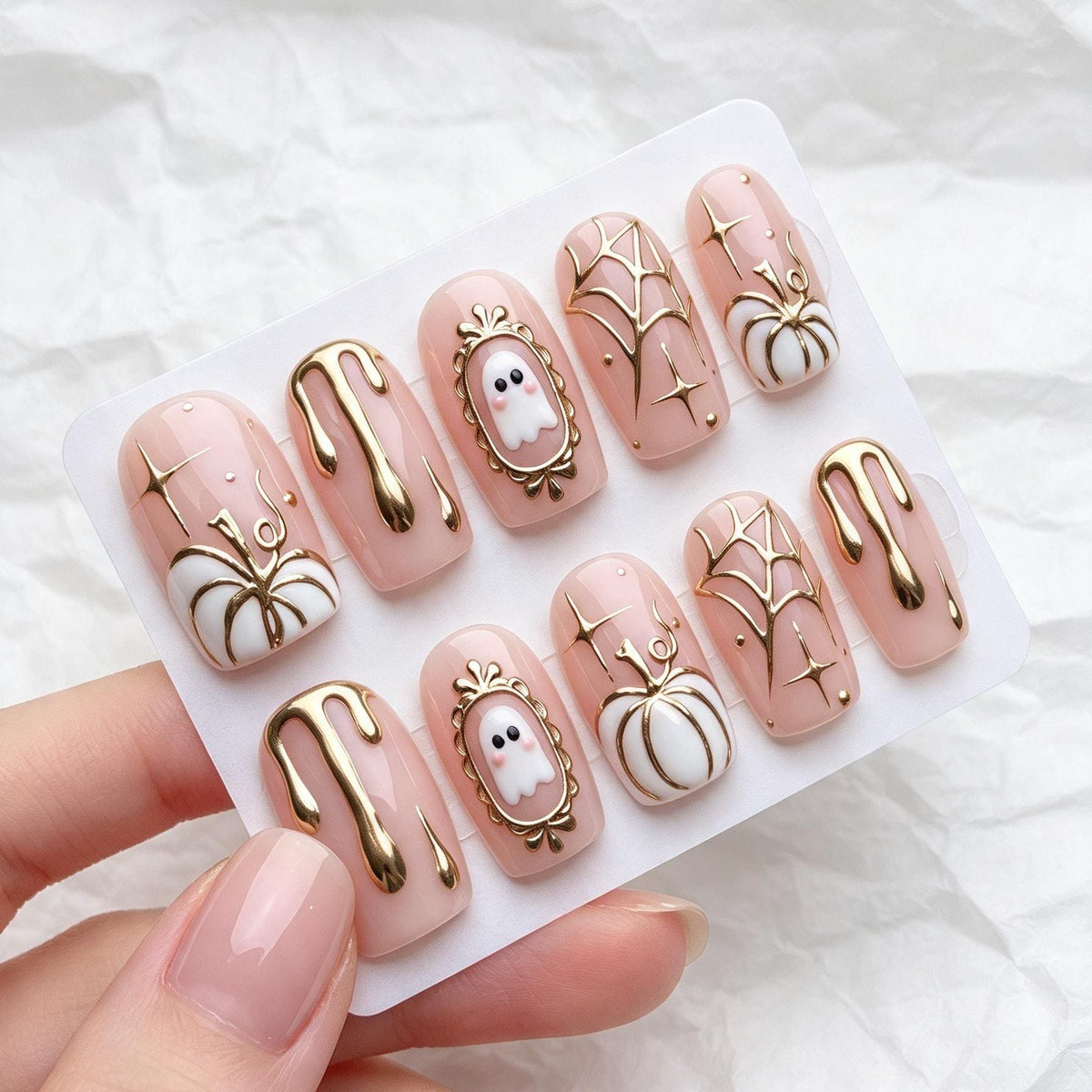 Pink Halloween Press-On Nails With Gold Ghosts, Pumpkins and Chrome Accents