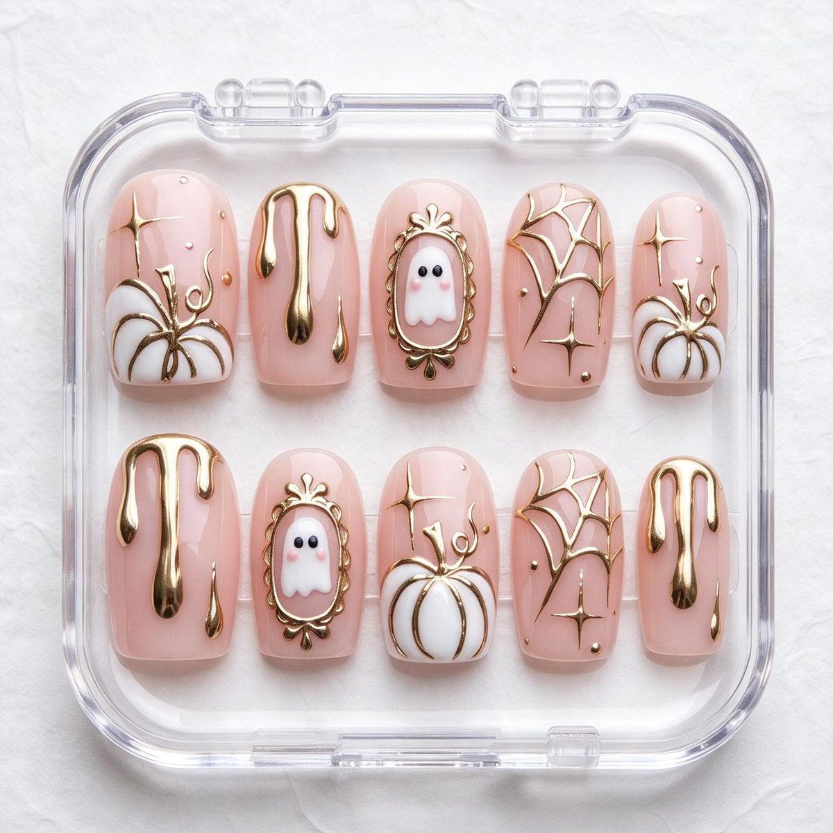 Pink Halloween Press-On Nails With Gold Ghosts, Pumpkins and Chrome Accents