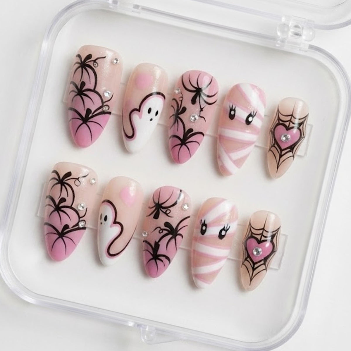 Pink Halloween Spiderweb and Ghost Press On Nail Set