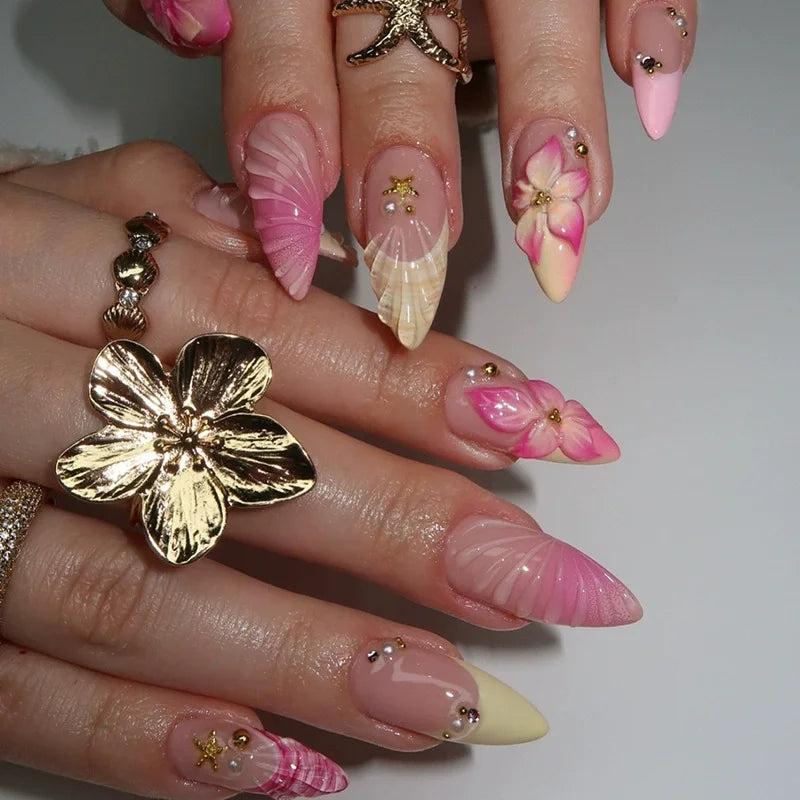 Pink Hibiscus French Tip Press On Nails with Gold Accents