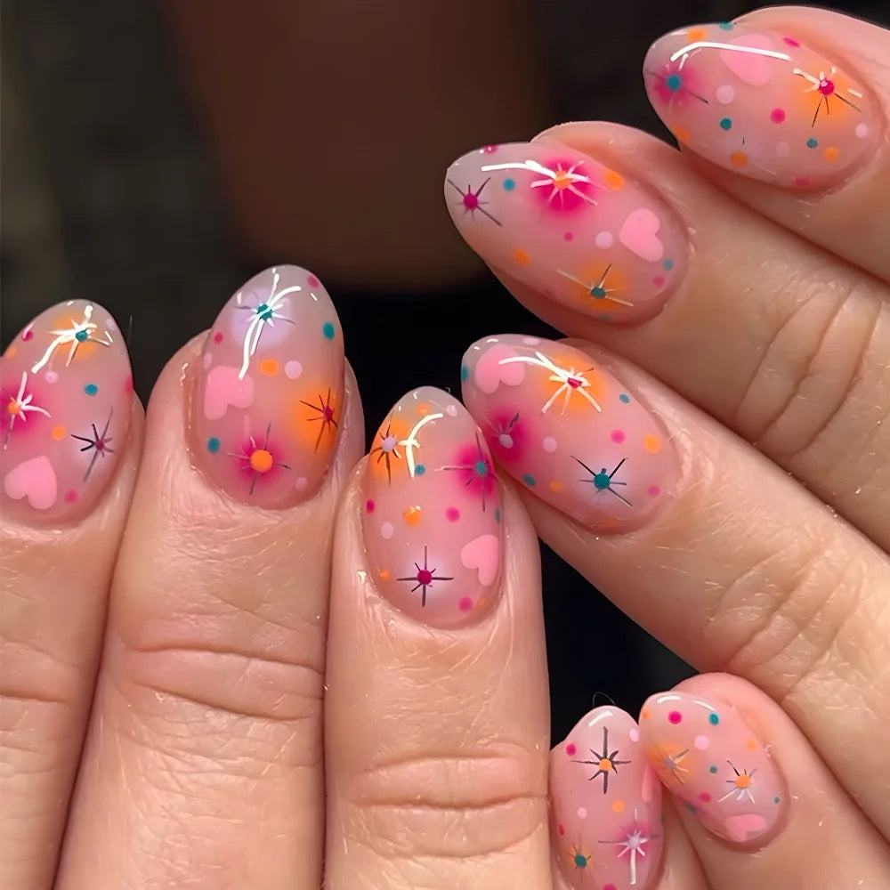 Pink Jelly Nails With Colorful Starburst Flowers and Dots