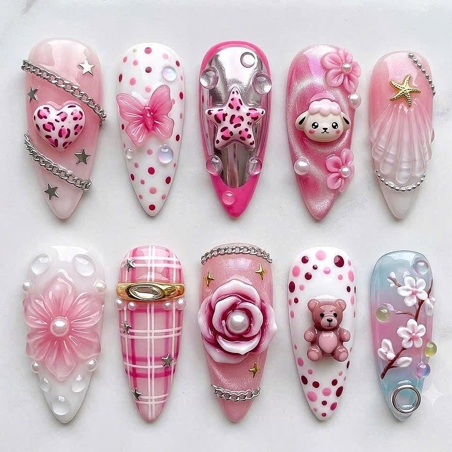 Pink Kawaii Teddy Bear Nail Set with 3D Flowers, Hearts, Plaid and Star Charms