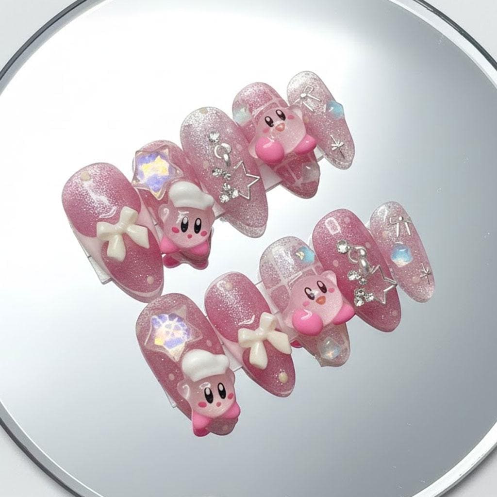 Pink Kirby Bow 3D Glitter Nail Set