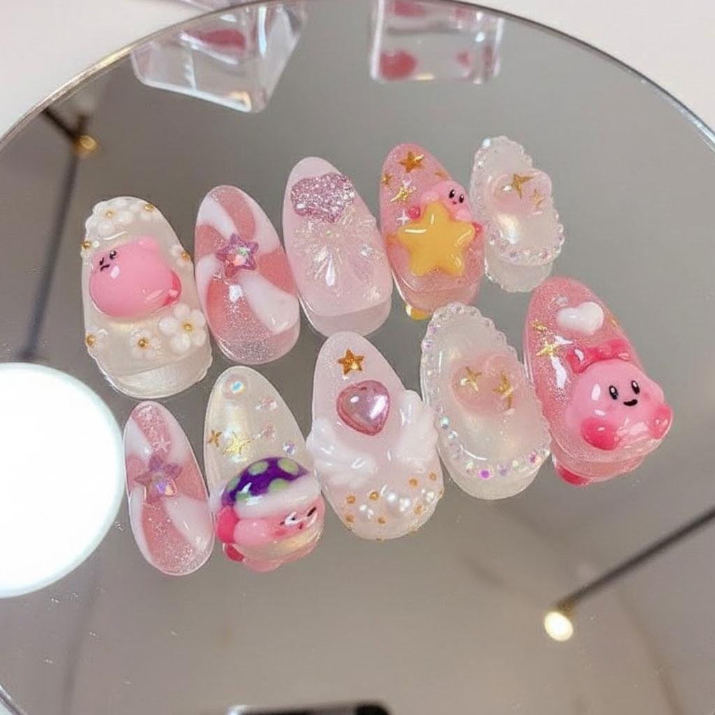 Pink Kirby-Inspired Press-On Nails with Glitter, Gold Stars and 3D Details