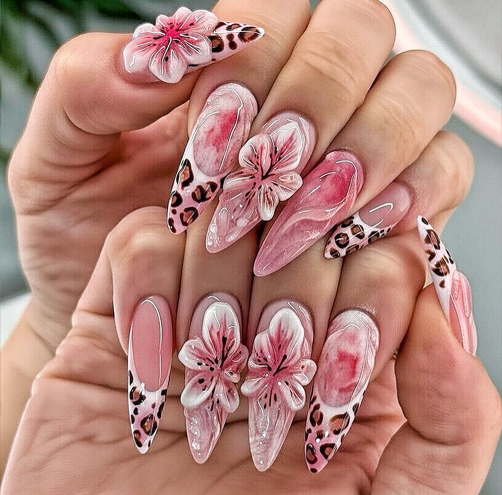 Pink Leopard Print 3D Flower Press-On Nail Set