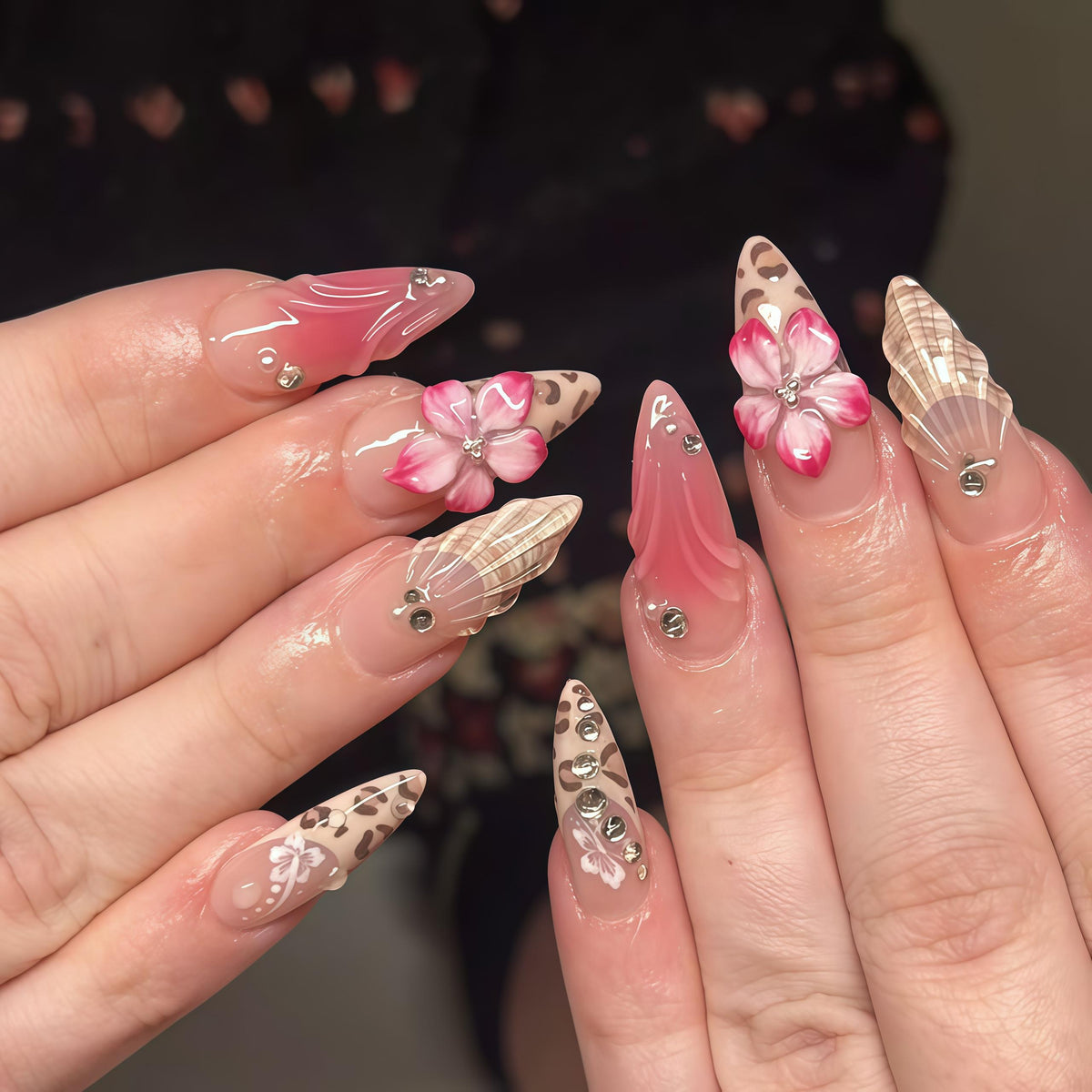 Pink Leopard Print and 3D Flower Nails with Plaid and Gold-Toned Accents