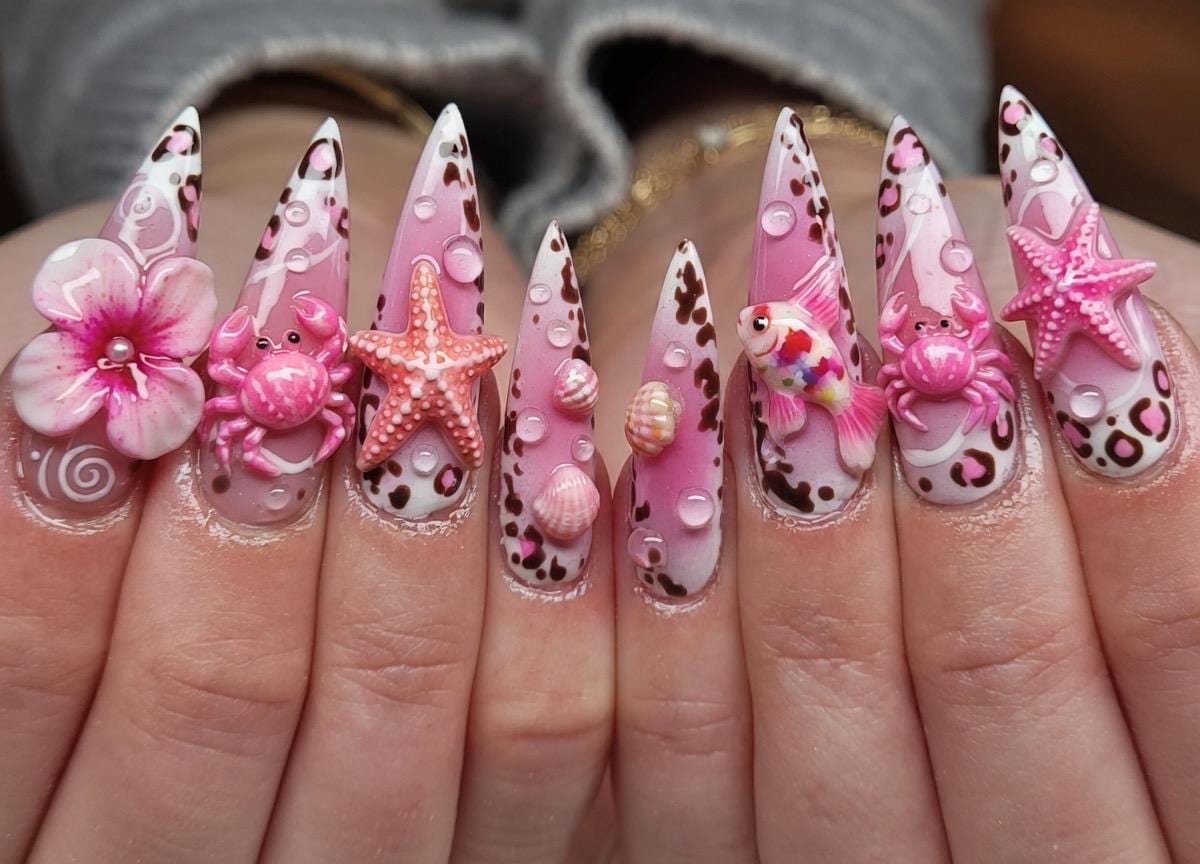 Pink Leopard Print Beach Nails With 3D Flowers, Shells, and Starfish