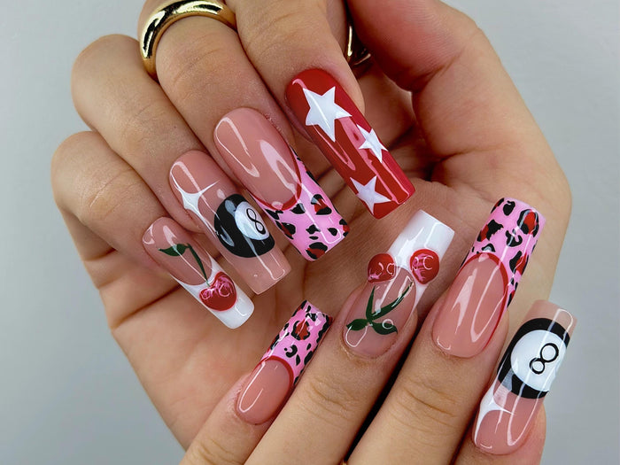 Pink Leopard Print Cherry, 8-Ball & Star Press On Nail Set