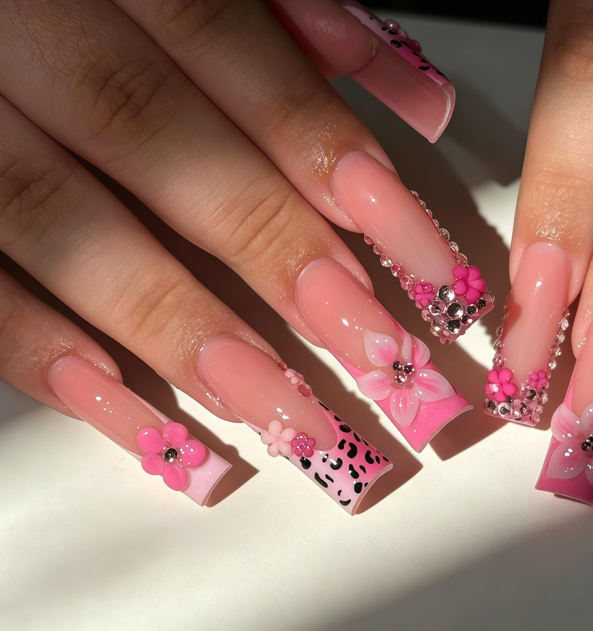 Pink Leopard Print Nails With 3D Flowers and Rhinestones