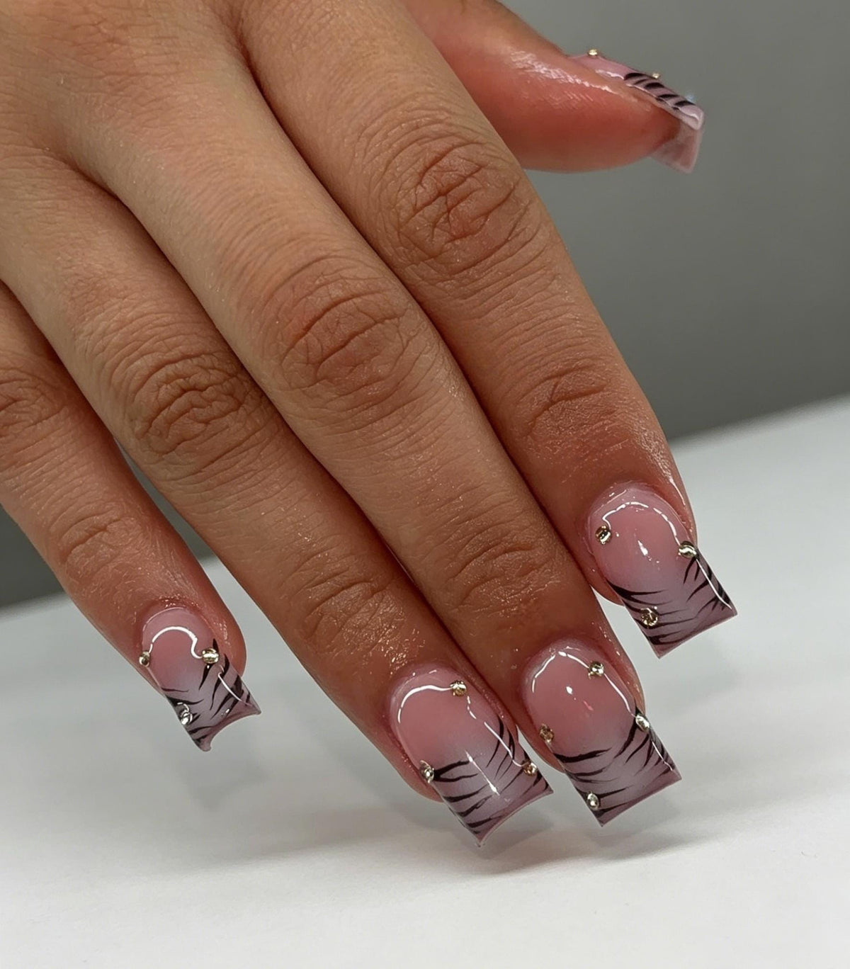 Pink Mauve Ombre Zebra Stripe Nails With Gold-Tone Studs