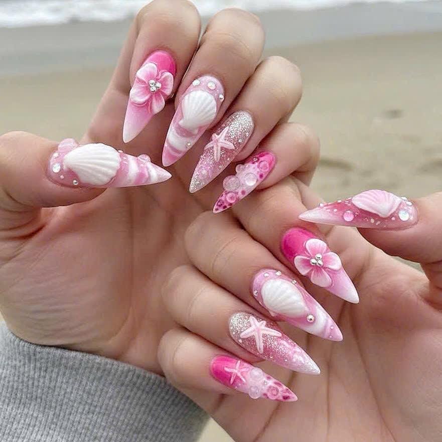 Pink Mermaid Press-On Nails With 3D Seashells, Starfish, Flowers, Pearls and Rhinestones