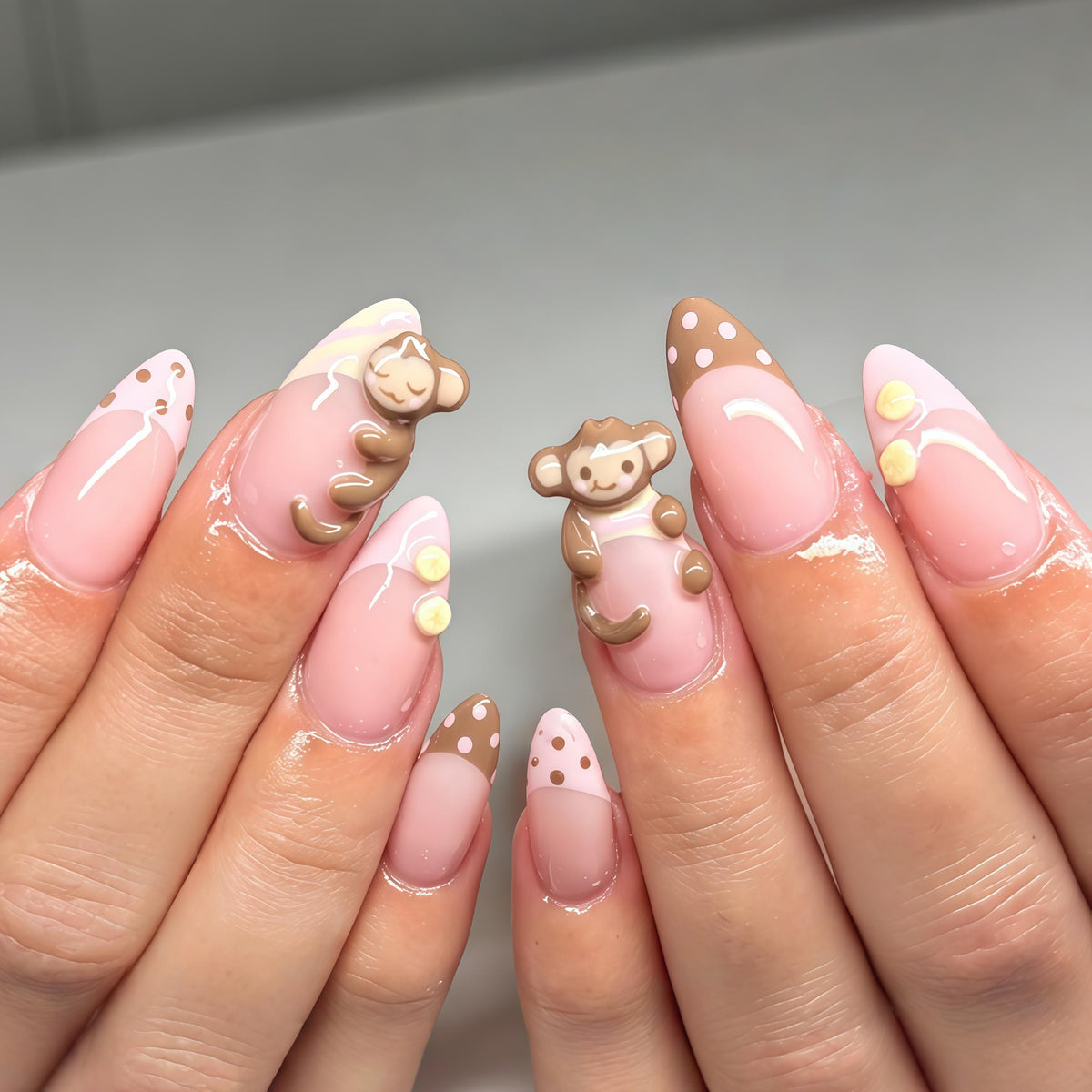 Pink Monkey Nail Set With Brown Polka-Dot Tips and 3D Details