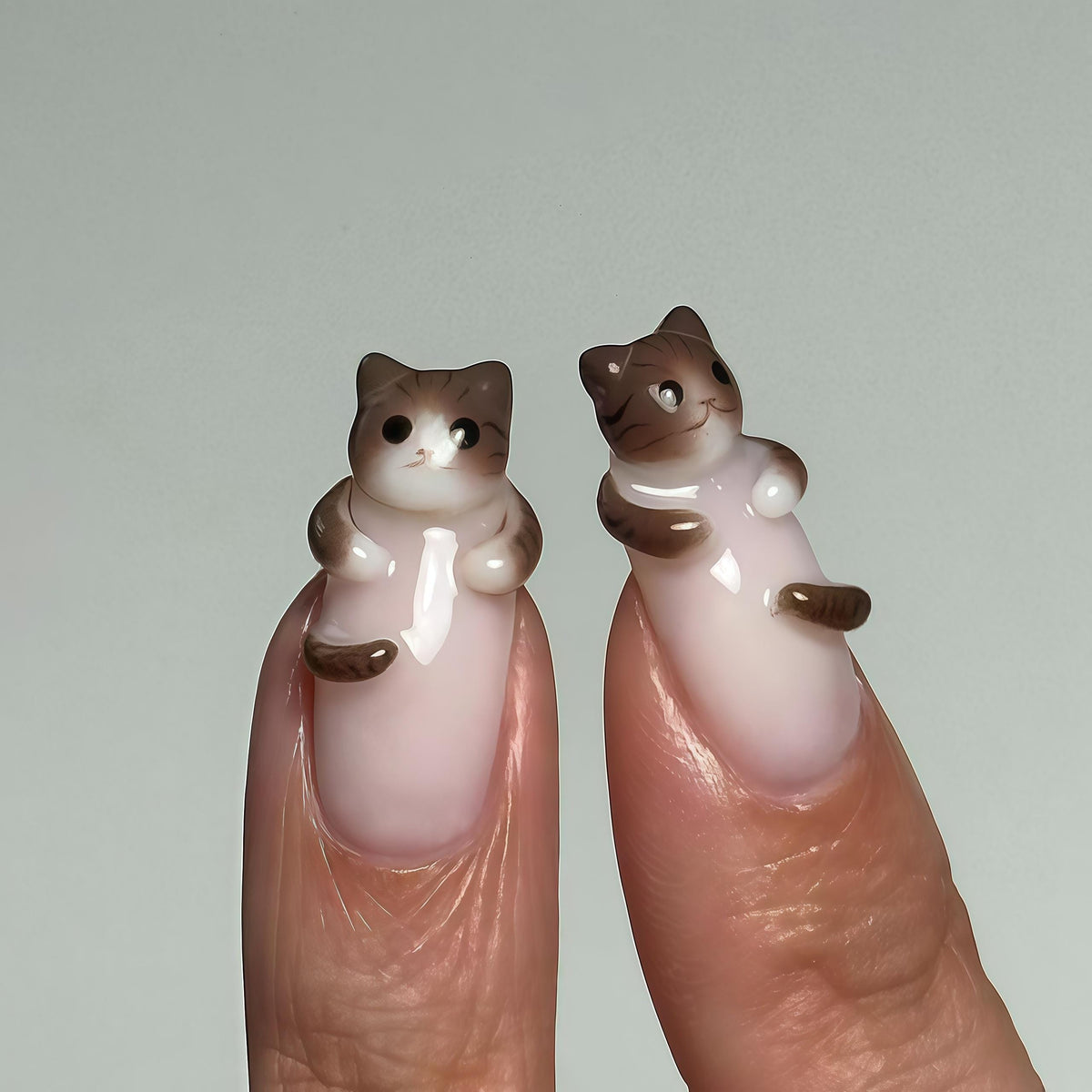 Pink Nude Cat Nails with Brown and White Polka Dots and 3D Kitten Details