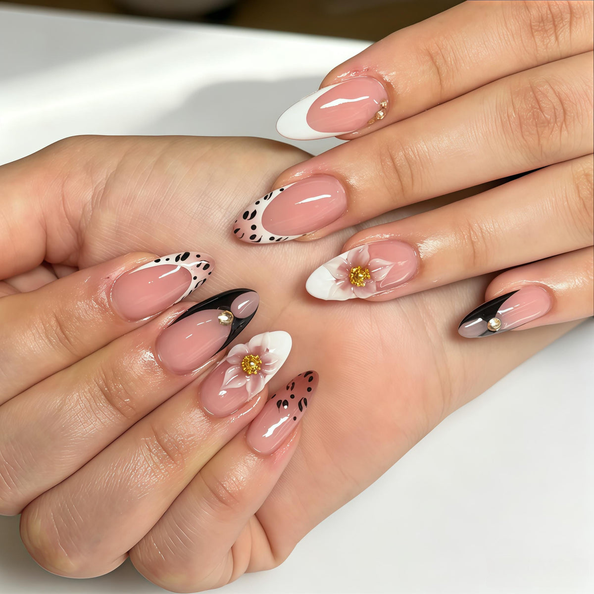 Pink Nude French Tip Nails with Leopard Spots and 3D Flowers