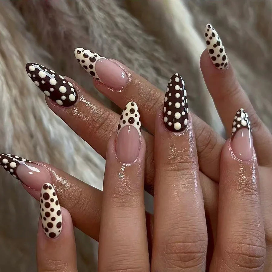 Pink Nude French Tip Press-On Nails With Chocolate Brown and Cream Polka Dots