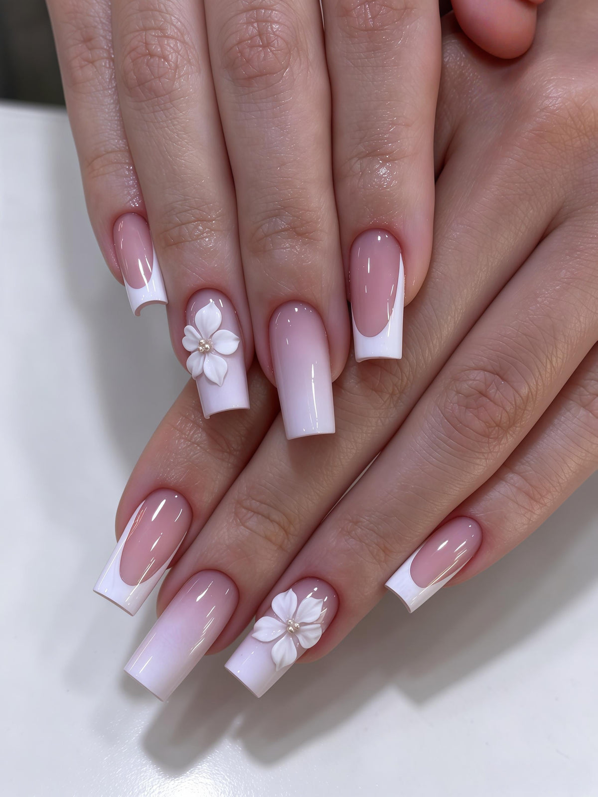 Pink Nude Ombre French Tip Nail Set With 3D White Flowers